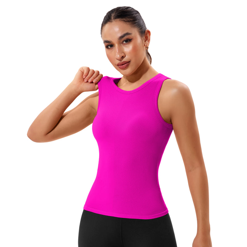 Women Seamless Ribbed High Neck Racerback Workout Tank Top Built In Bra