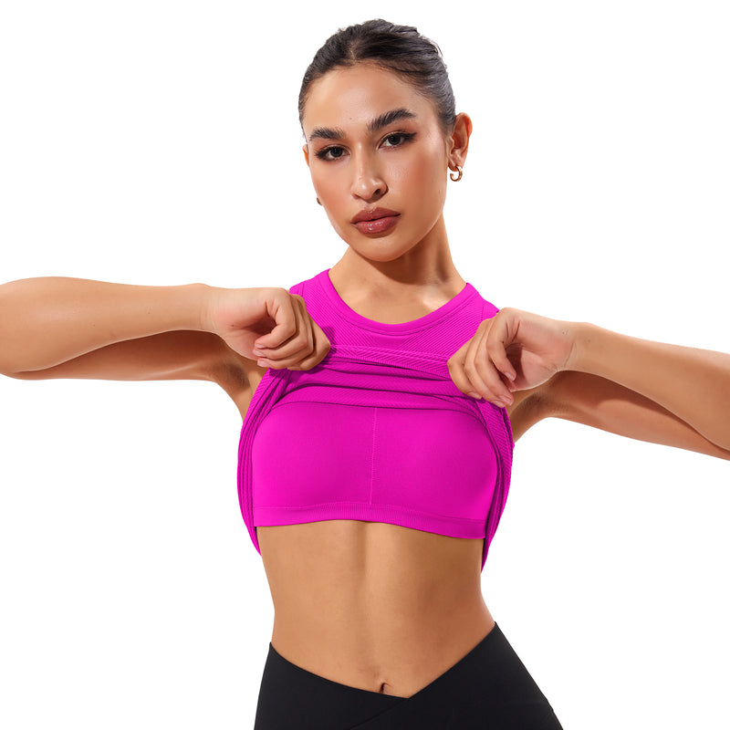 Women Seamless Ribbed High Neck Racerback Workout Tank Top Built In Bra