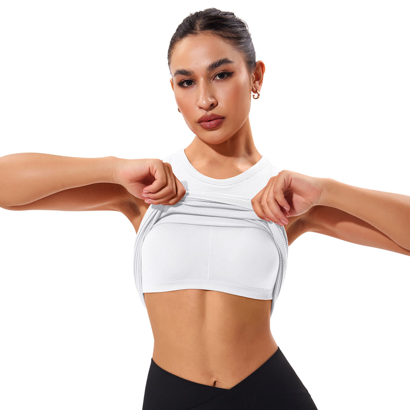 Women Seamless Ribbed High Neck Racerback Workout Tank Top Built In Bra