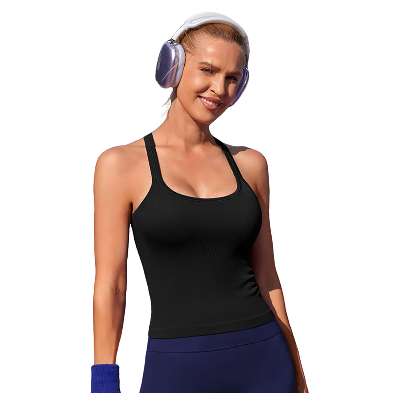 Women Seamless Ribbed Y Back Workout Tank Top Built In Removable Padded Bra