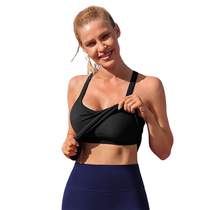 Women Seamless Ribbed Y Back Workout Tank Top Built In Removable Padded Bra