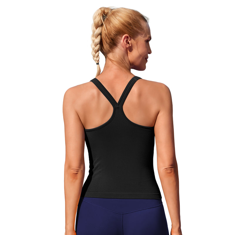 Women Seamless Ribbed Y Back Workout Tank Top Built In Removable Padded Bra