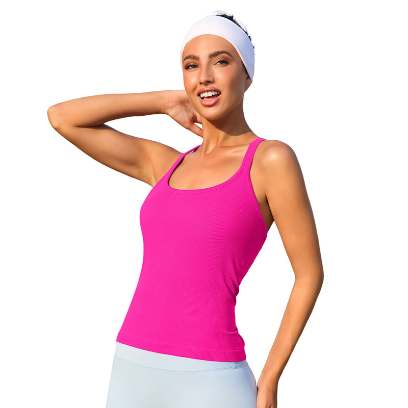 Women Seamless Ribbed Y Back Workout Tank Top Built In Removable Padded Bra