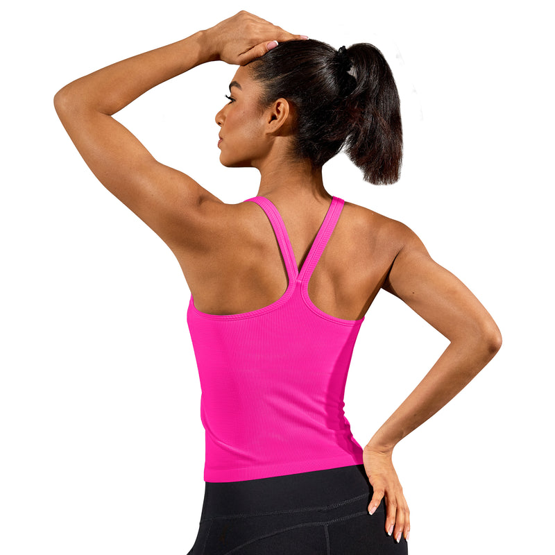 Women Seamless Ribbed Y Back Workout Tank Top Built In Removable Padded Bra