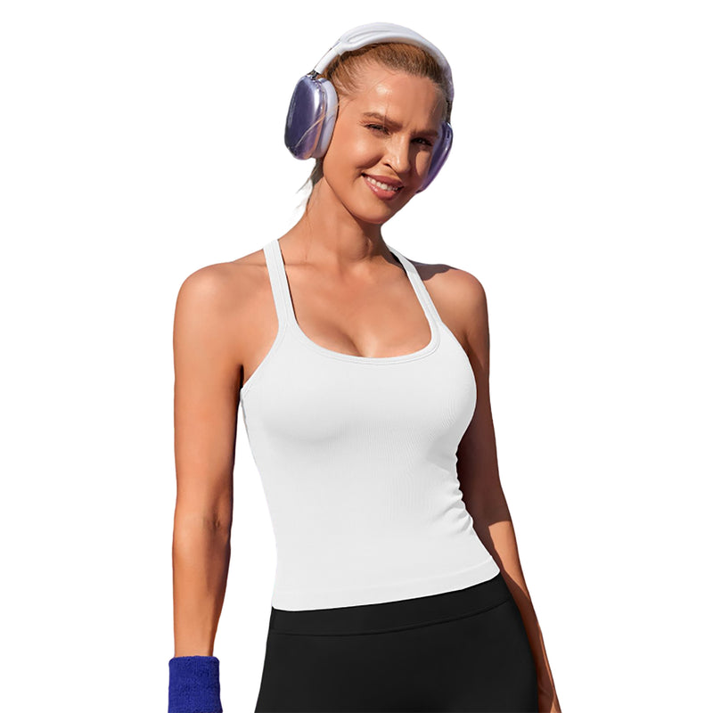 Women Seamless Ribbed Y Back Workout Tank Top Built In Removable Padded Bra