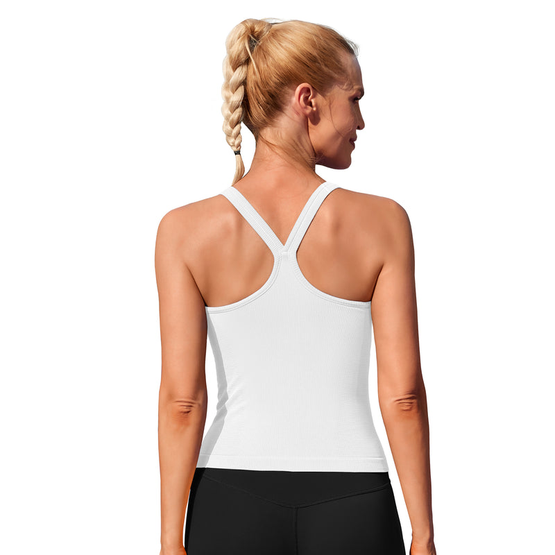 Women Seamless Ribbed Y Back Workout Tank Top Built In Removable Padded Bra