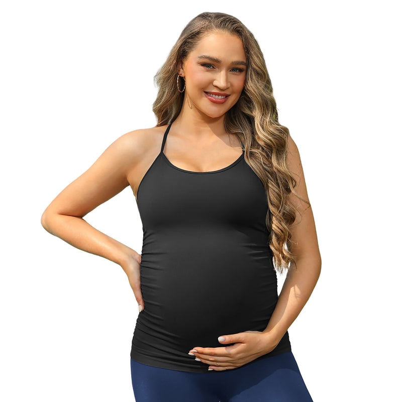 Women Y Back Maternity Tank Top Removable Pads Side Ruched Pregnancy Postpartum Cami