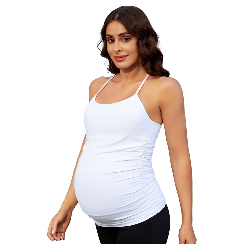 Women Y Back Maternity Tank Top Removable Pads Side Ruched Pregnancy Postpartum Cami