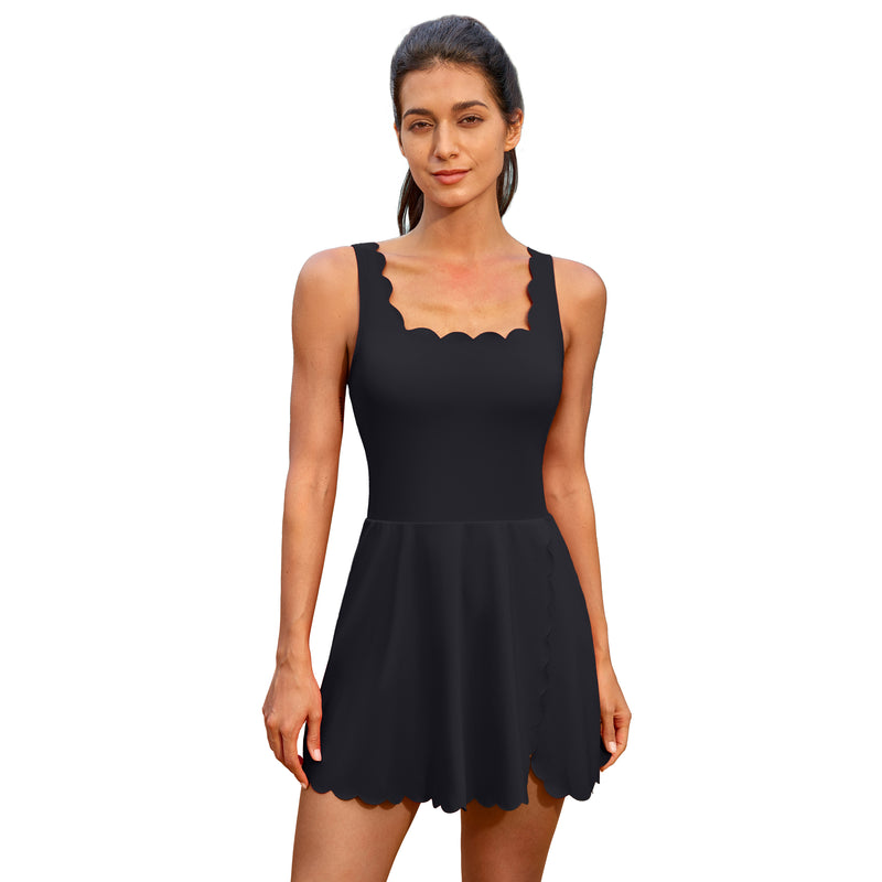 Women's Scalloped Tennis Dress Adjustable Straps Built‑in Shorts Pockets Athletic Dress