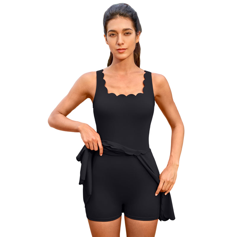 Women's Scalloped Tennis Dress Adjustable Straps Built‑in Shorts Pockets Athletic Dress