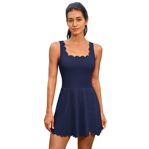 Women's Scalloped Tennis Dress Adjustable Straps Built‑in Shorts Pockets Athletic Dress