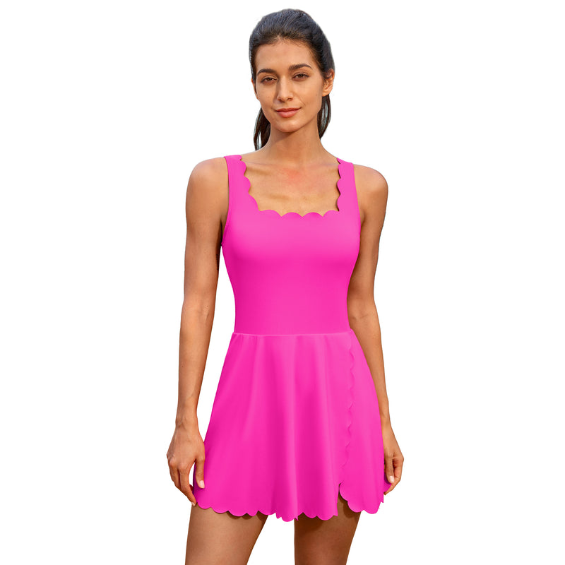 Women's Scalloped Tennis Dress Adjustable Straps Built‑in Shorts Pockets Athletic Dress