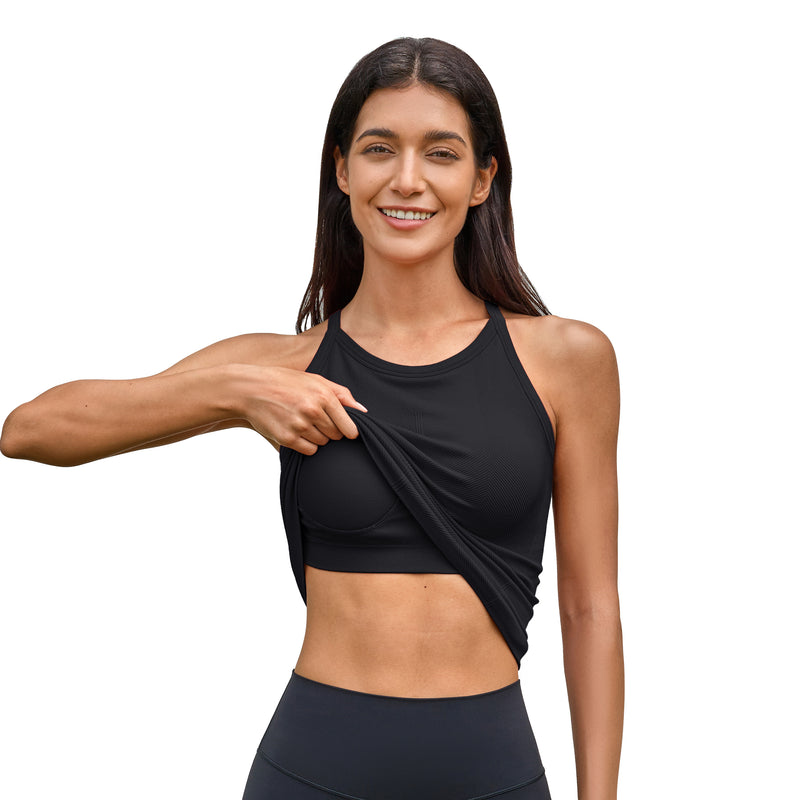 Women Long Length Seamless Micro Rib High Neck Racerback Built In Bra Workout Tank Top