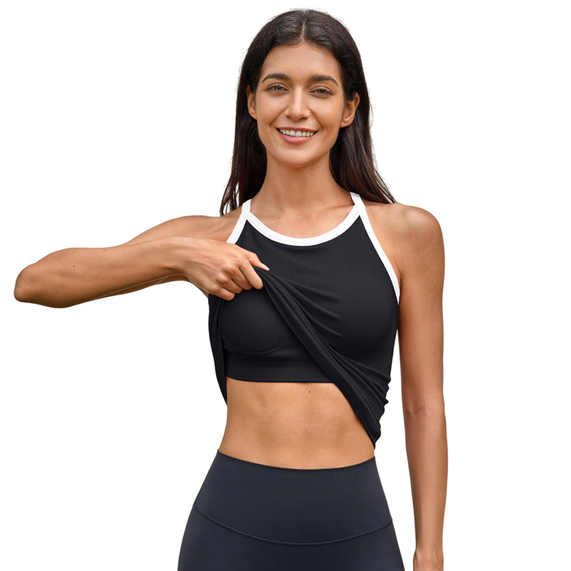 Women Long Length Seamless Micro Rib High Neck Racerback Built In Bra Workout Tank Top