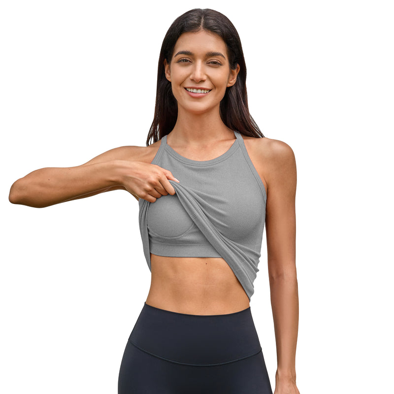 Women Long Length Seamless Micro Rib High Neck Racerback Built In Bra Workout Tank Top