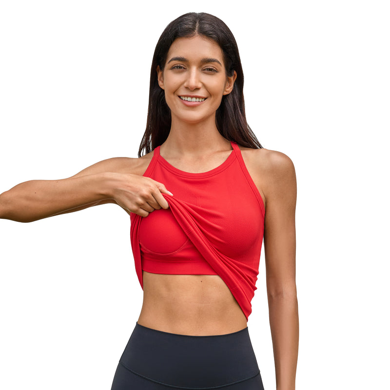 Women Long Length Seamless Micro Rib High Neck Racerback Built In Bra Workout Tank Top