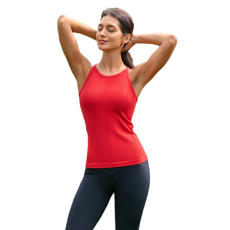 Women Long Length Seamless Micro Rib High Neck Racerback Built In Bra Workout Tank Top