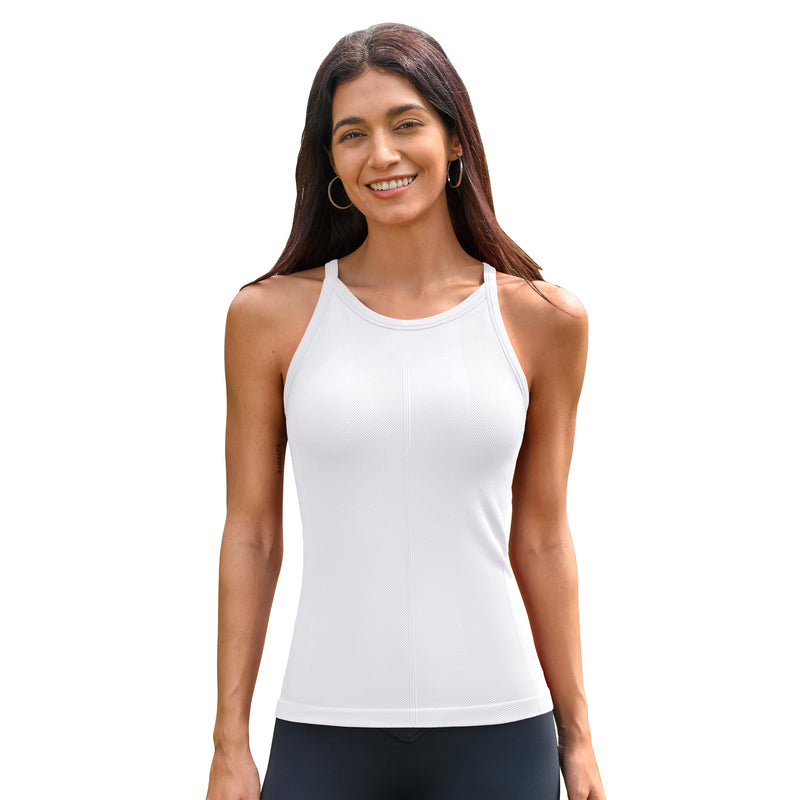 Women Long Length Seamless Micro Rib High Neck Racerback Built In Bra Workout Tank Top