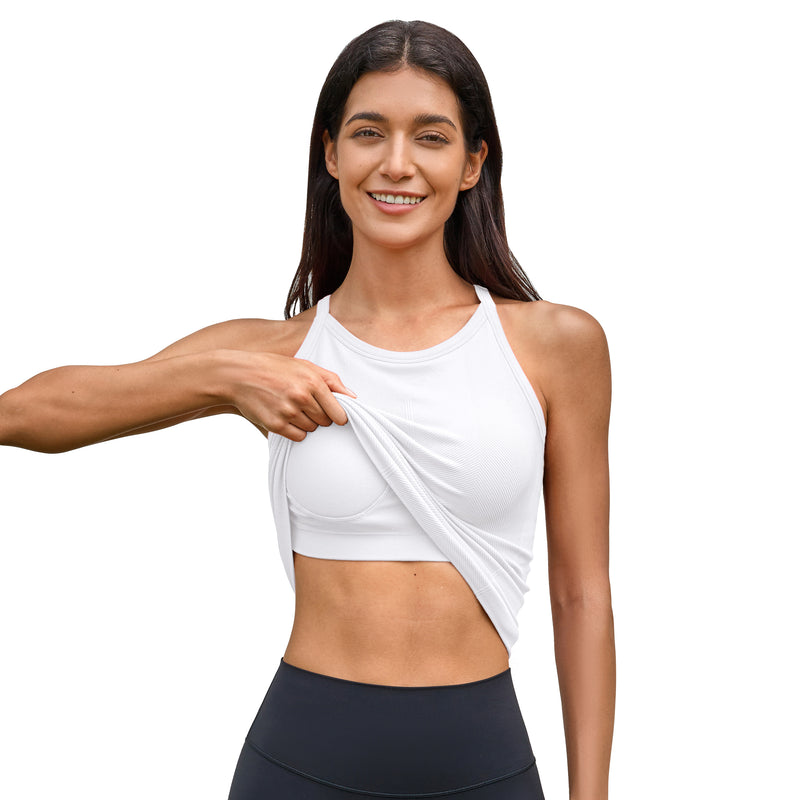 Women Long Length Seamless Micro Rib High Neck Racerback Built In Bra Workout Tank Top