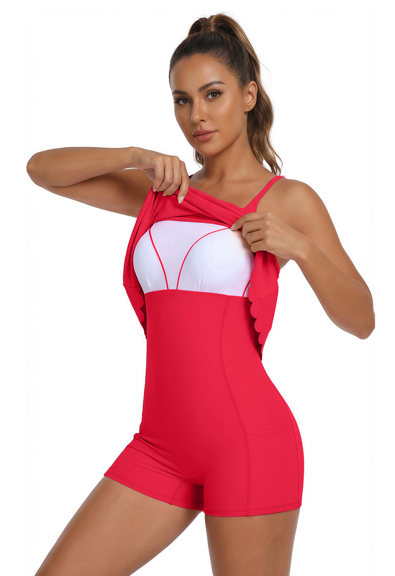 Scalloped Cross-Back Athletic Dress with Shorts