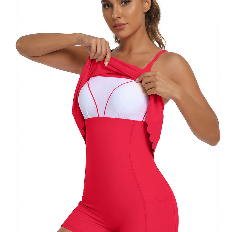Scalloped Cross-Back Athletic Dress with Shorts