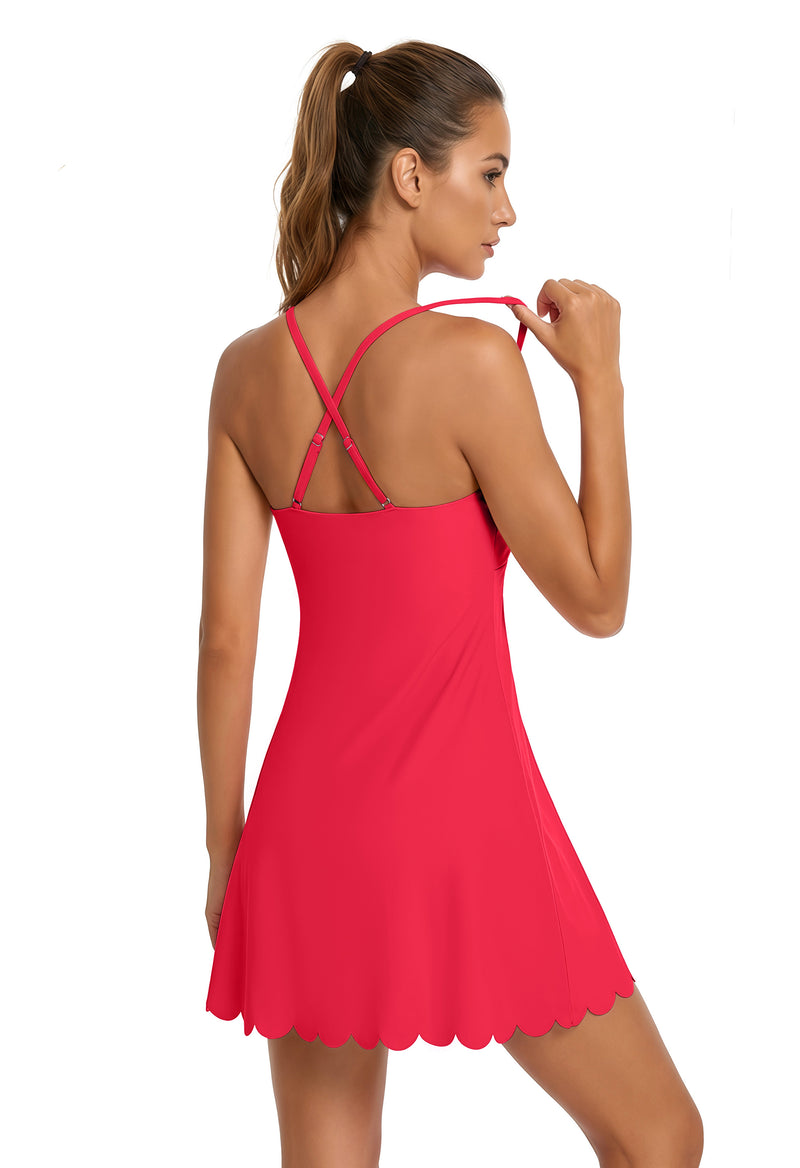 Scalloped Cross-Back Athletic Dress with Shorts