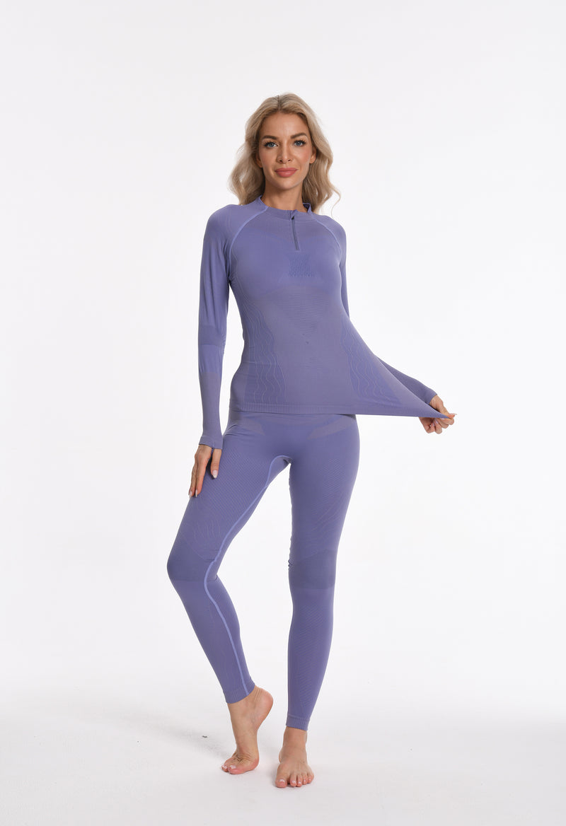 Women Seamless Quarter Zip Thermal Underwear Set, Long Sleeve Compression Base Layer Top & Bottom, Warm Functional Thermal Wear for Winter Cold Weather