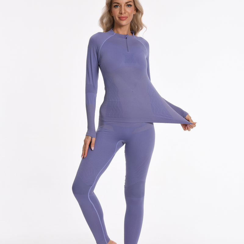 Women Seamless Quarter Zip Thermal Underwear Set, Long Sleeve Compression Base Layer Top & Bottom, Warm Functional Thermal Wear for Winter Cold Weather
