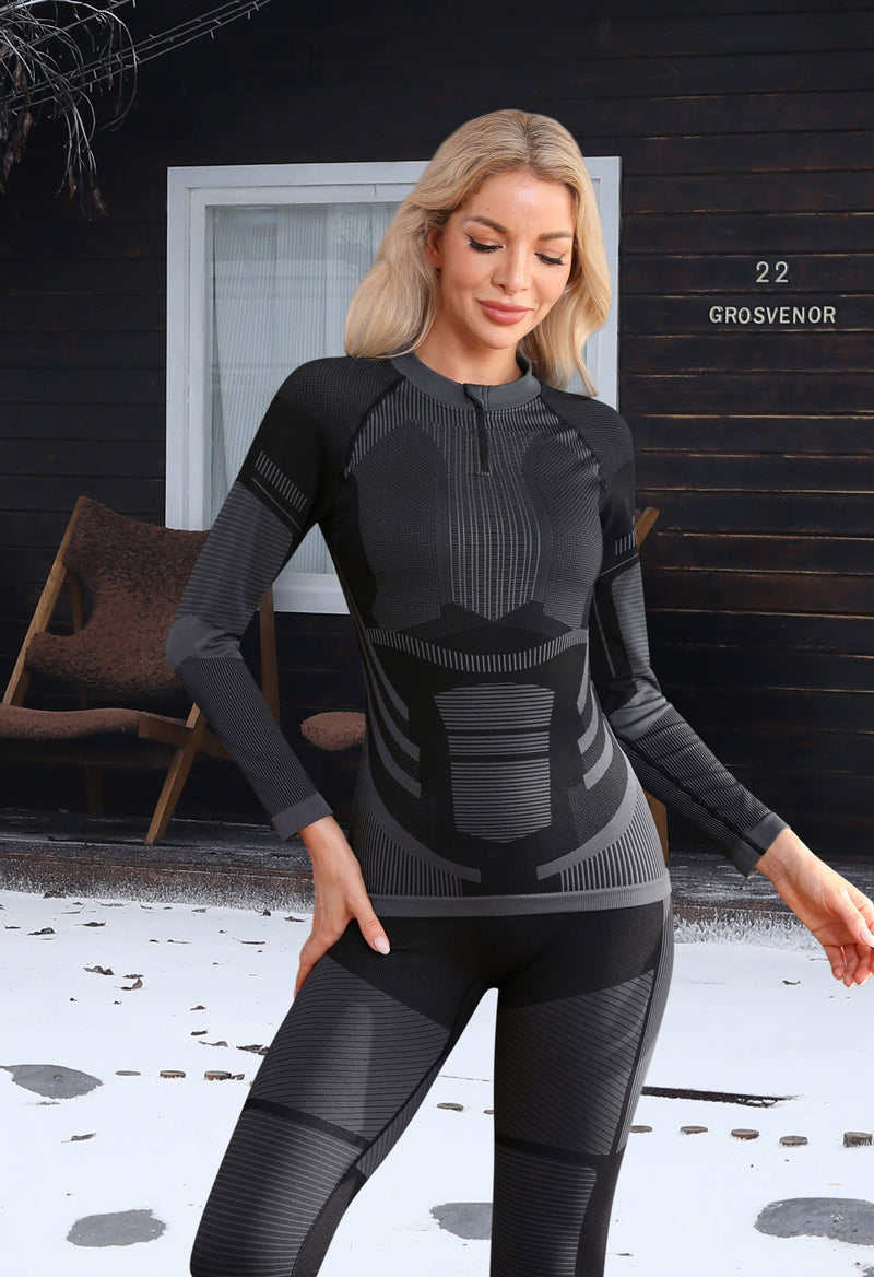 Women Seamless Quarter Zip Thermal Underwear Set, Long Sleeve Compression Base Layer Top & Bottom with Ergonomic Design, Warm Functional Thermal Wear for Winter Cold Weather