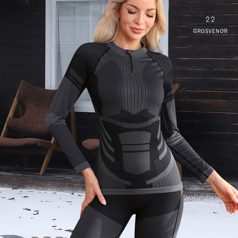 Women Seamless Quarter Zip Thermal Underwear Set, Long Sleeve Compression Base Layer Top & Bottom with Ergonomic Design, Warm Functional Thermal Wear for Winter Cold Weather