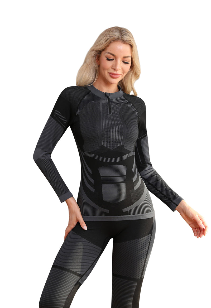 Women Seamless Quarter Zip Thermal Underwear Set, Long Sleeve Compression Base Layer Top & Bottom with Ergonomic Design, Warm Functional Thermal Wear for Winter Cold Weather