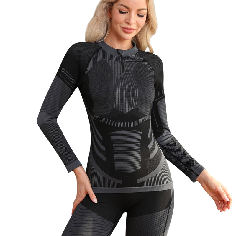Women Seamless Quarter Zip Thermal Underwear Set, Long Sleeve Compression Base Layer Top & Bottom with Ergonomic Design, Warm Functional Thermal Wear for Winter Cold Weather