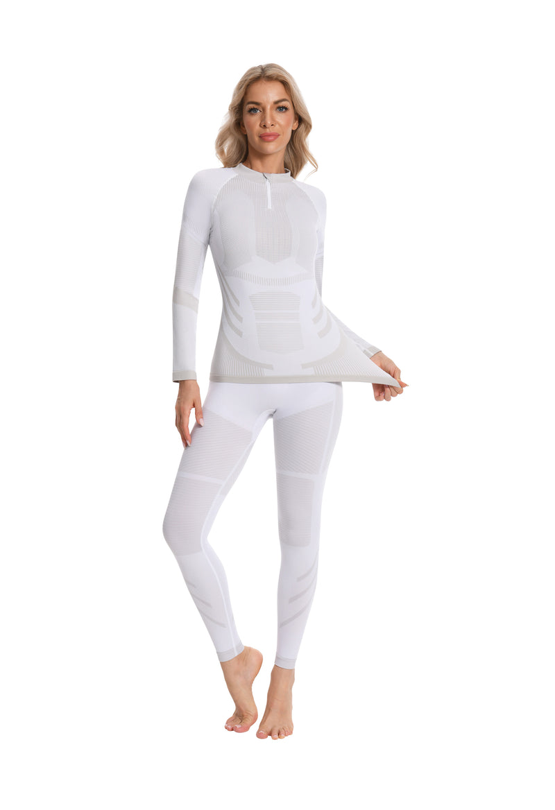 Women Seamless Quarter Zip Thermal Underwear Set, Long Sleeve Compression Base Layer Top & Bottom with Ergonomic Design, Warm Functional Thermal Wear for Winter Cold Weather