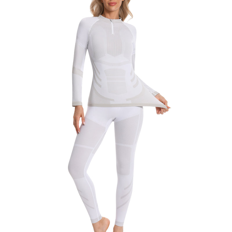 Women Seamless Quarter Zip Thermal Underwear Set, Long Sleeve Compression Base Layer Top & Bottom with Ergonomic Design, Warm Functional Thermal Wear for Winter Cold Weather
