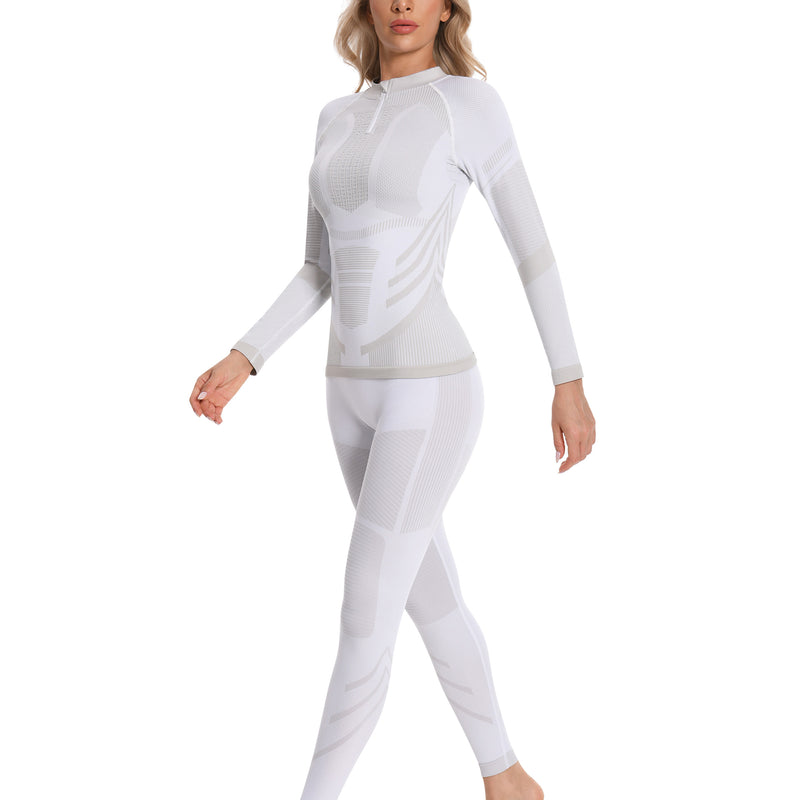 Women Seamless Quarter Zip Thermal Underwear Set, Long Sleeve Compression Base Layer Top & Bottom with Ergonomic Design, Warm Functional Thermal Wear for Winter Cold Weather