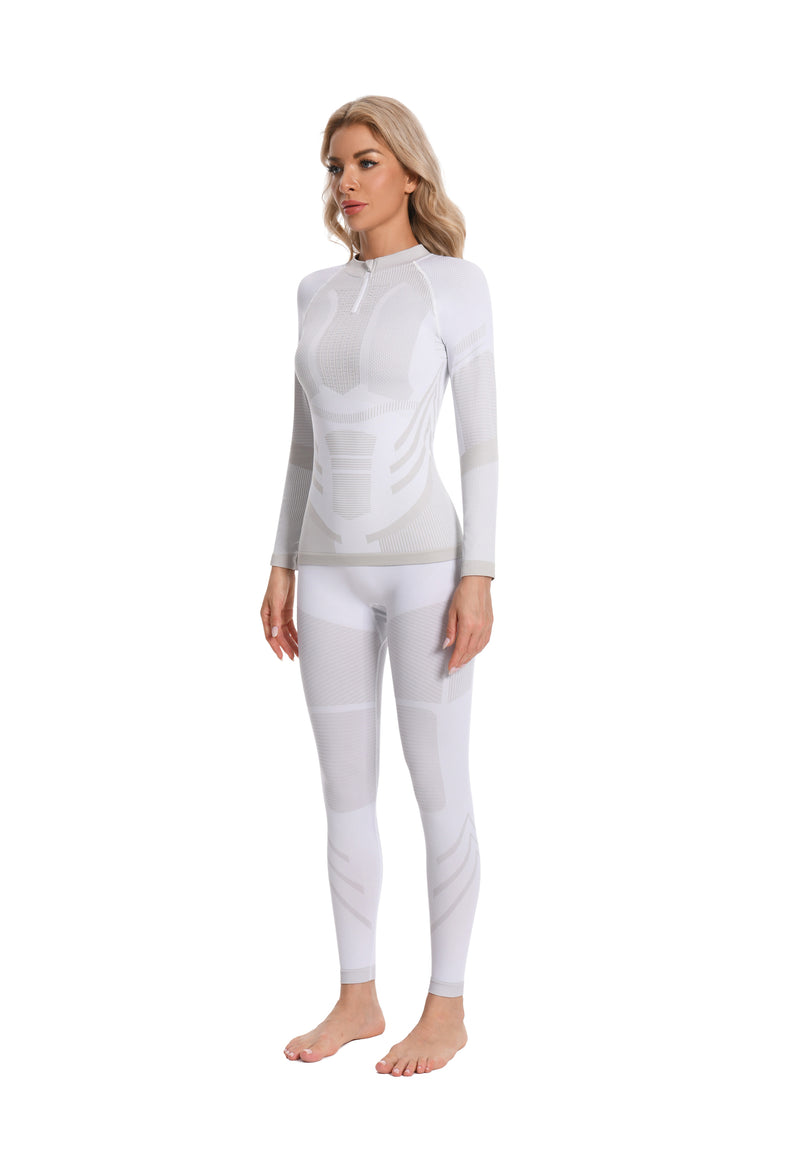 Women Seamless Quarter Zip Thermal Underwear Set, Long Sleeve Compression Base Layer Top & Bottom with Ergonomic Design, Warm Functional Thermal Wear for Winter Cold Weather