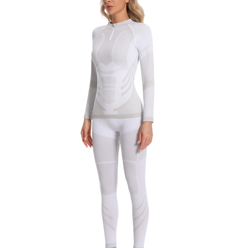Women Seamless Quarter Zip Thermal Underwear Set, Long Sleeve Compression Base Layer Top & Bottom with Ergonomic Design, Warm Functional Thermal Wear for Winter Cold Weather