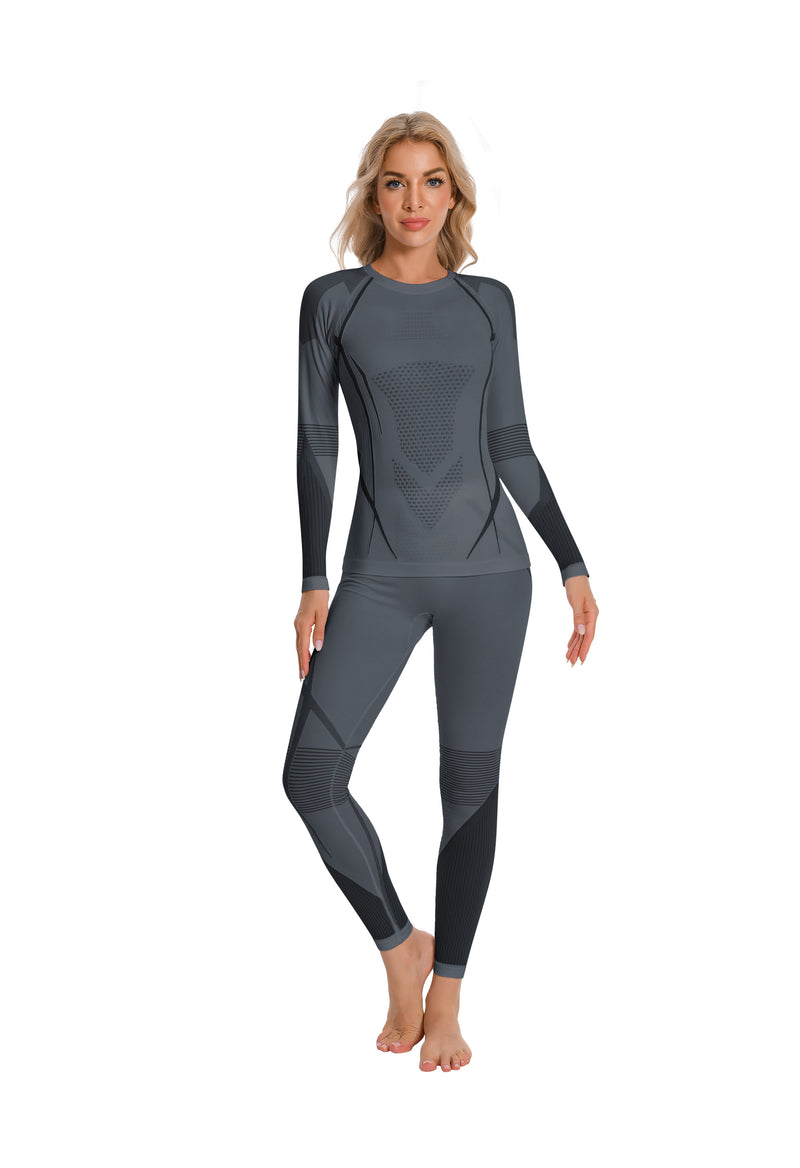 Women Seamless Thermal Underwear Set, Round Neck Compression Base Layer Top & Bottom with Contrast Stitching, Warm Functional Thermal Wear for Winter Cold Weather