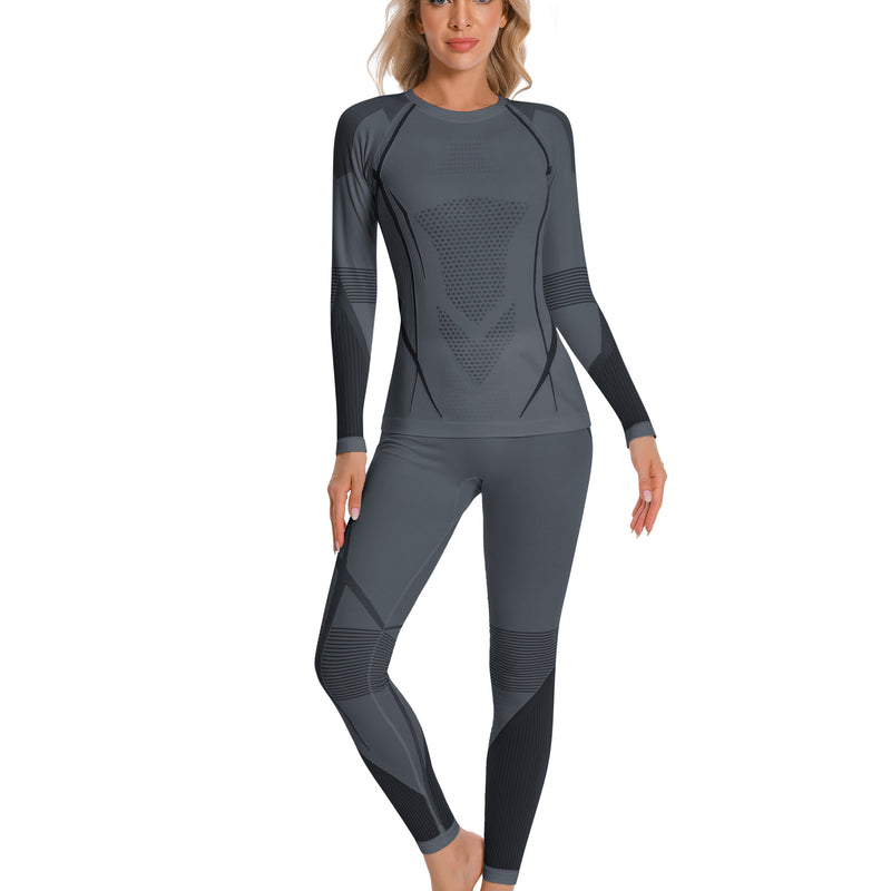 Women Seamless Thermal Underwear Set, Round Neck Compression Base Layer Top & Bottom with Contrast Stitching, Warm Functional Thermal Wear for Winter Cold Weather