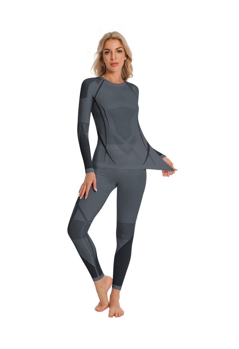 Women Seamless Thermal Underwear Set, Round Neck Compression Base Layer Top & Bottom with Contrast Stitching, Warm Functional Thermal Wear for Winter Cold Weather
