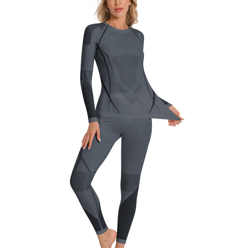 Women Seamless Thermal Underwear Set, Round Neck Compression Base Layer Top & Bottom with Contrast Stitching, Warm Functional Thermal Wear for Winter Cold Weather