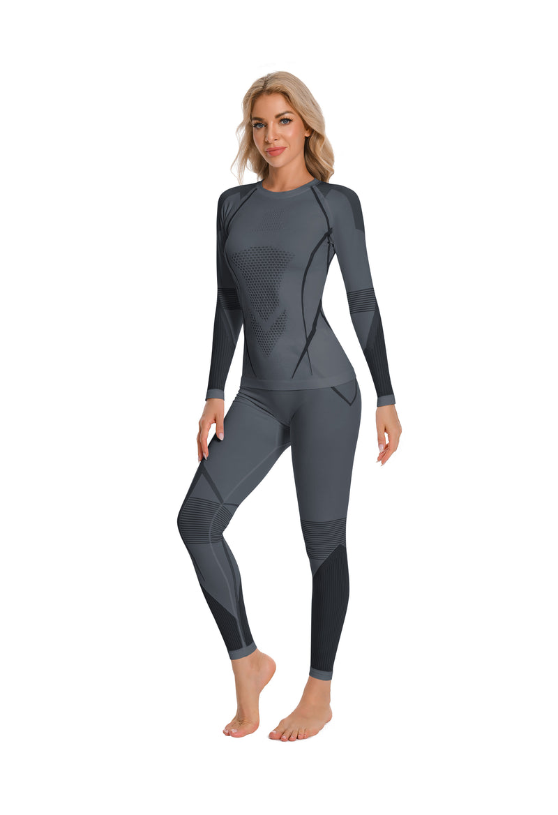 Women Seamless Thermal Underwear Set, Round Neck Compression Base Layer Top & Bottom with Contrast Stitching, Warm Functional Thermal Wear for Winter Cold Weather