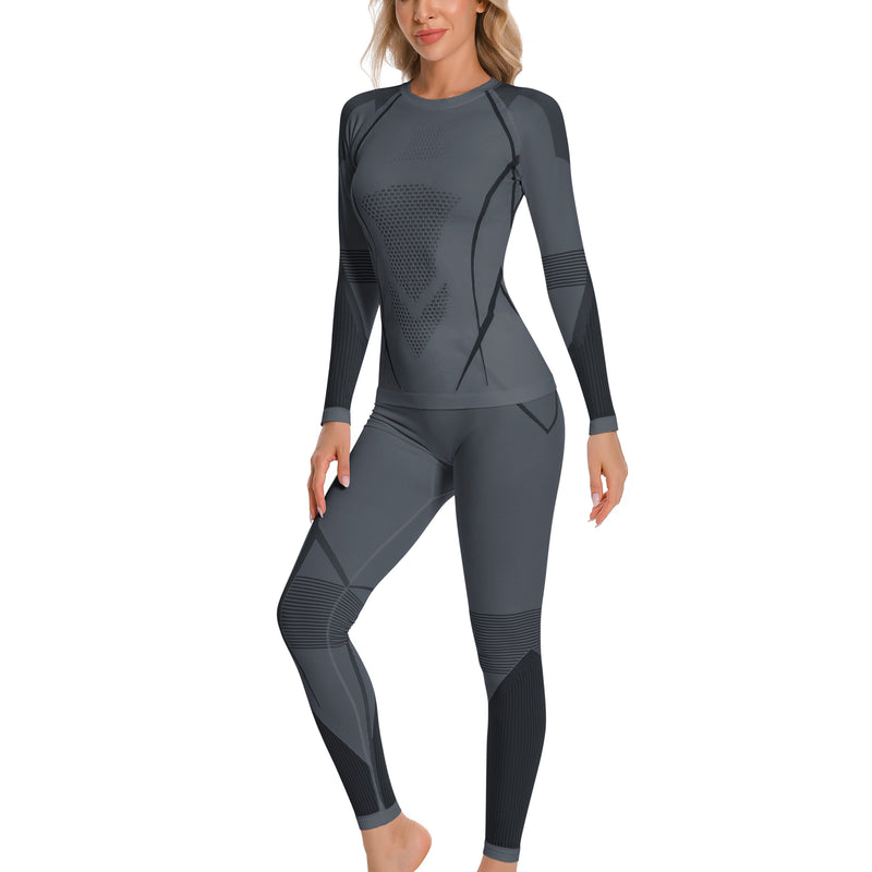 Women Seamless Thermal Underwear Set, Round Neck Compression Base Layer Top & Bottom with Contrast Stitching, Warm Functional Thermal Wear for Winter Cold Weather