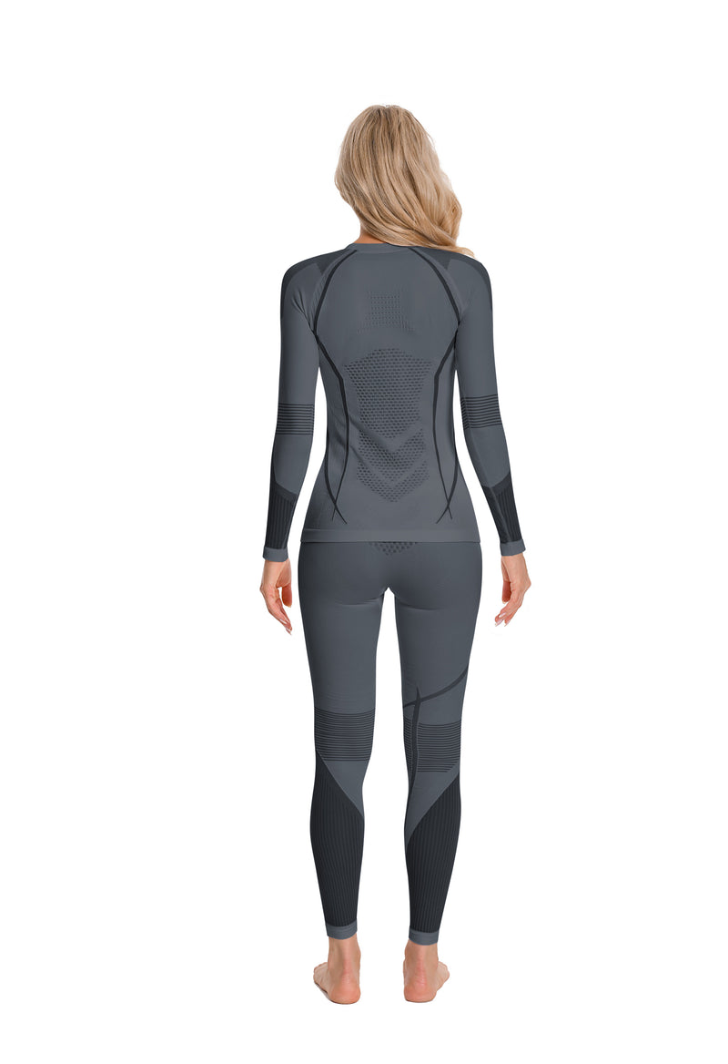 Women Seamless Thermal Underwear Set, Round Neck Compression Base Layer Top & Bottom with Contrast Stitching, Warm Functional Thermal Wear for Winter Cold Weather