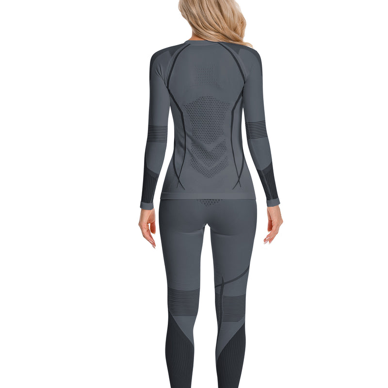 Women Seamless Thermal Underwear Set, Round Neck Compression Base Layer Top & Bottom with Contrast Stitching, Warm Functional Thermal Wear for Winter Cold Weather