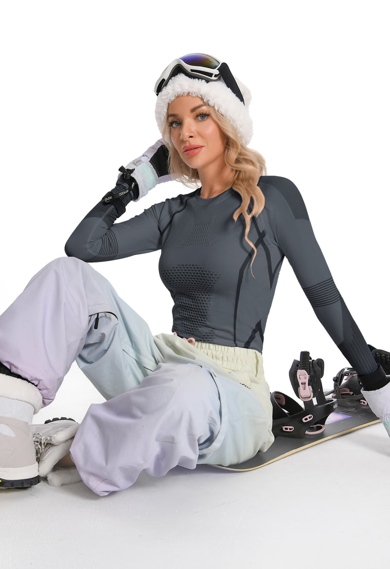Women Seamless Thermal Underwear Set, Round Neck Compression Base Layer Top & Bottom with Contrast Stitching, Warm Functional Thermal Wear for Winter Cold Weather