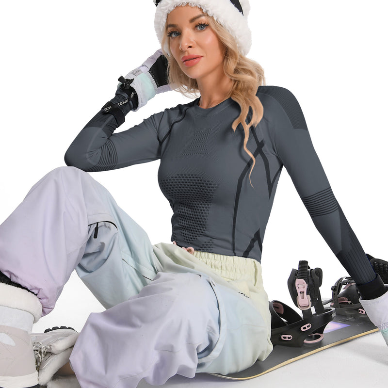 Women Seamless Thermal Underwear Set, Round Neck Compression Base Layer Top & Bottom with Contrast Stitching, Warm Functional Thermal Wear for Winter Cold Weather