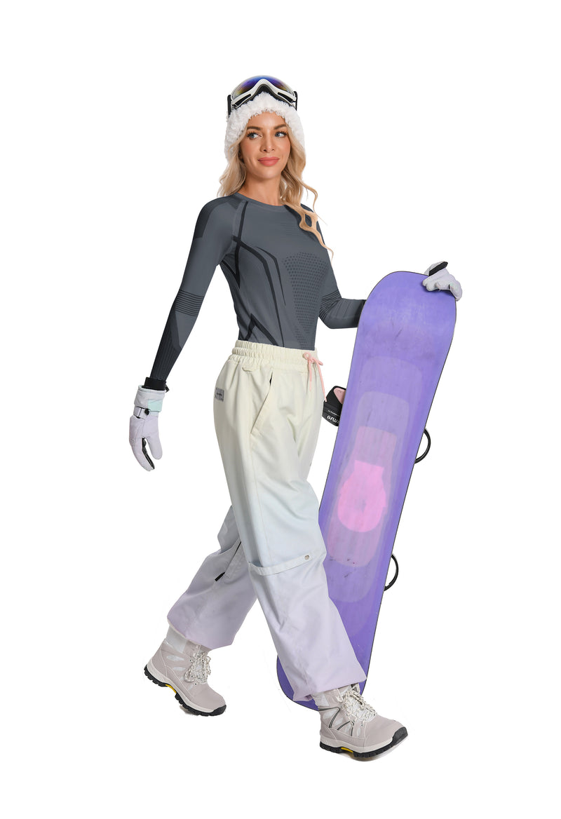 Women Seamless Thermal Underwear Set, Round Neck Compression Base Layer Top & Bottom with Contrast Stitching, Warm Functional Thermal Wear for Winter Cold Weather