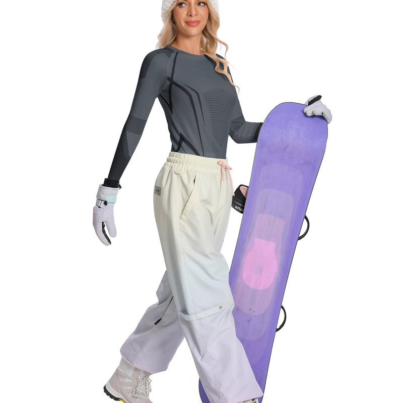 Women Seamless Thermal Underwear Set, Round Neck Compression Base Layer Top & Bottom with Contrast Stitching, Warm Functional Thermal Wear for Winter Cold Weather