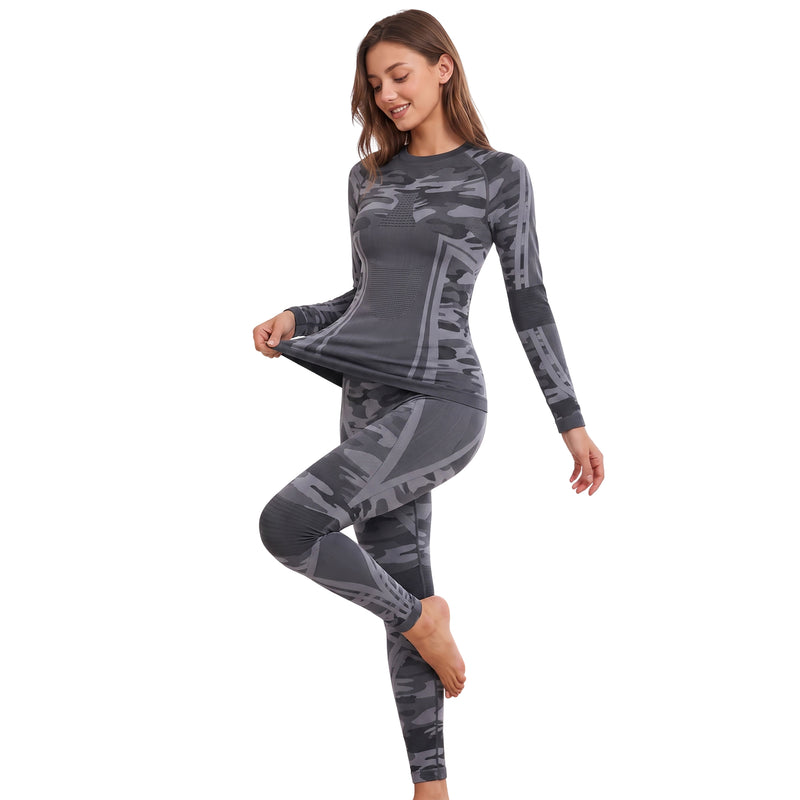 Women Seamless Crew Neck Thermal Underwear Set Long Johns Ski Moisture Wicking Base Layer